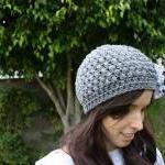 Grey Slouch Hat With Speckled Fabric Flower